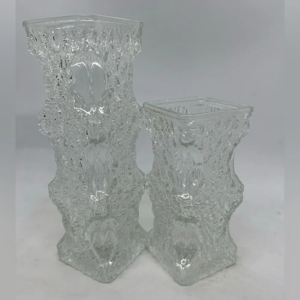 Oberglas Austria Textured Bark Glass Vases 1970's Ice Glass Small & Large